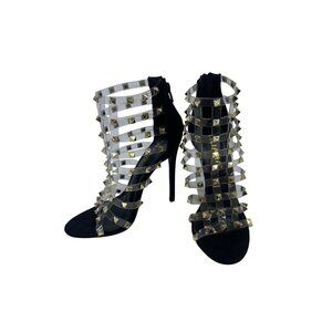 Liliana 5.5 Black Suede & Clear Heels With Gold Studded Straps 4.75" Stiletto Ba